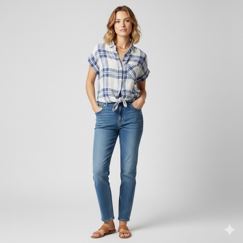 Rails XS Blue White‎ Plaid Linen Blend Short Sleeve Tie Front Crop Shirt Top 20"